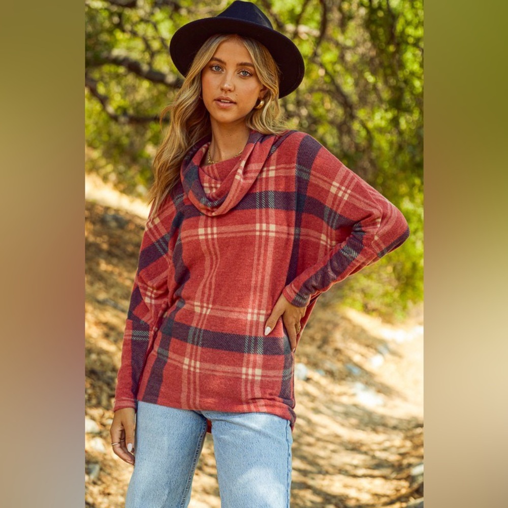 Plaid Brushed Cowl Neck Sweater Top NWT